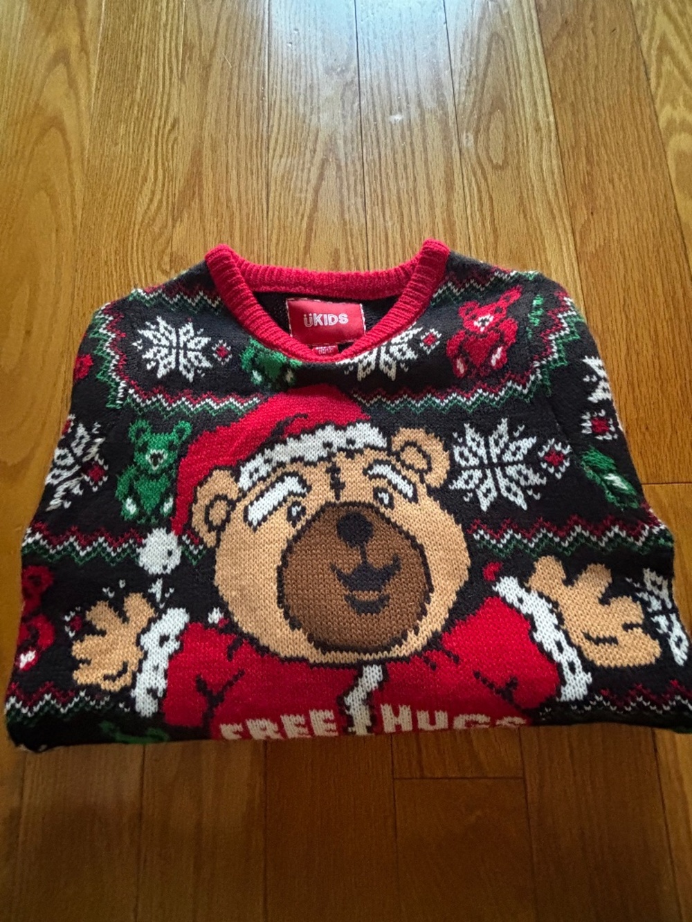 Kids Medium 10/12 Ugly Christmas Sweater - "Free Hugs" Santa Bear Holiday Knit